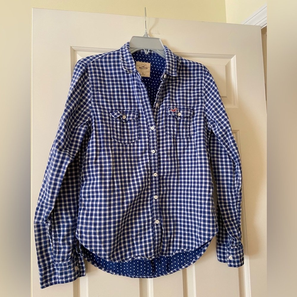 Blue & white checked long sleeve button down,  blue & white polka dots inside